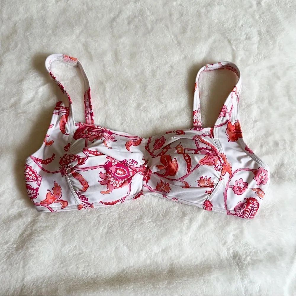 Lands' End Twist Front Underwire White Pink Floral Swim Top Women's Size 8
